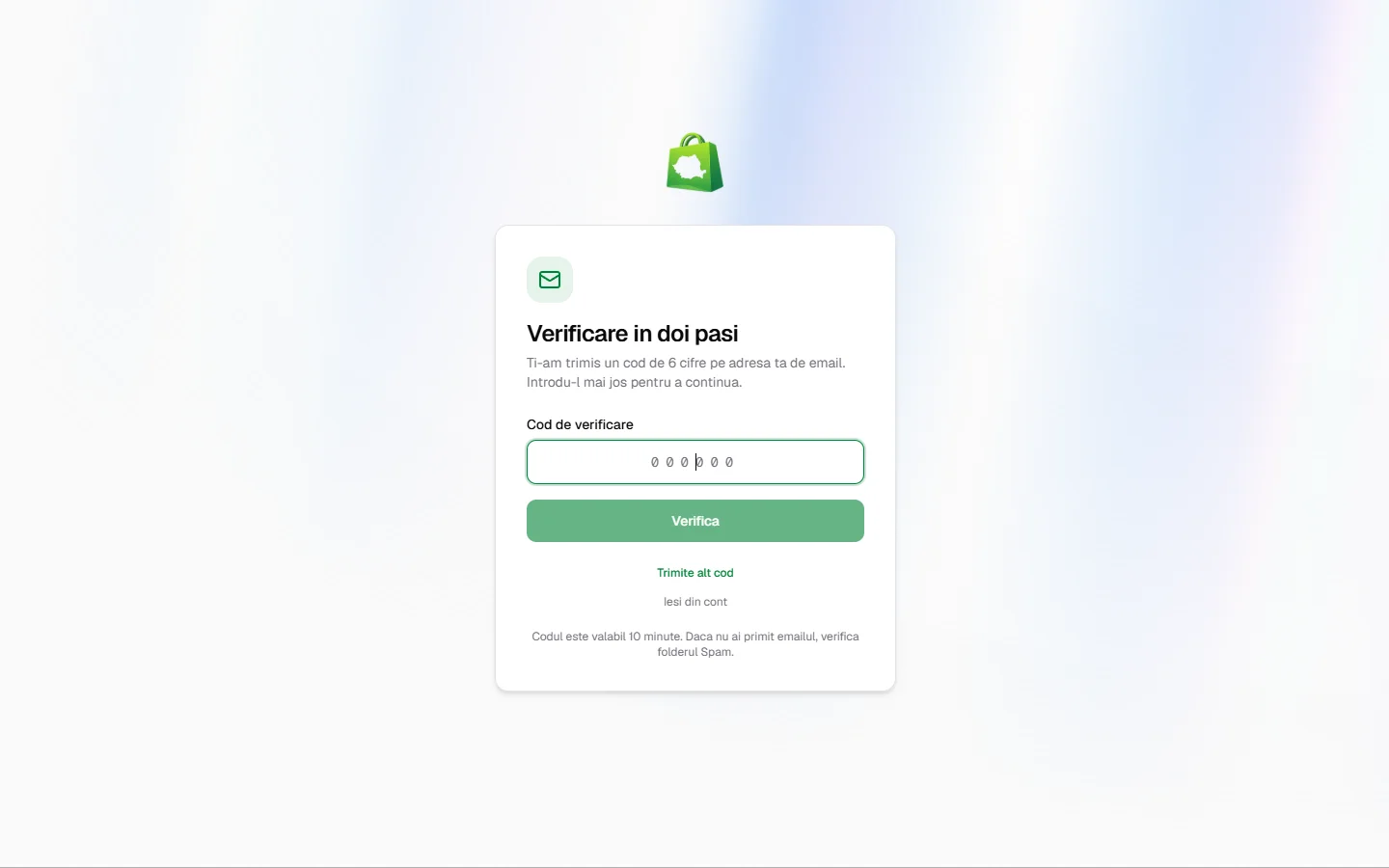 Ecranul de verificare în doi pași, cu câmpul pentru codul de 6 cifre.