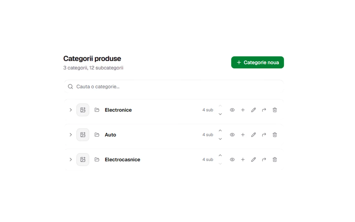 Pagina Categorii produse, cu butonul Categorie nouă în dreapta sus și numărătoarea de sub titlu.