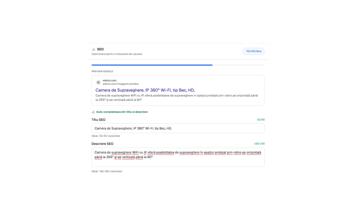 Secțiunea SEO cu scorul, bara de progres și Preview Google.