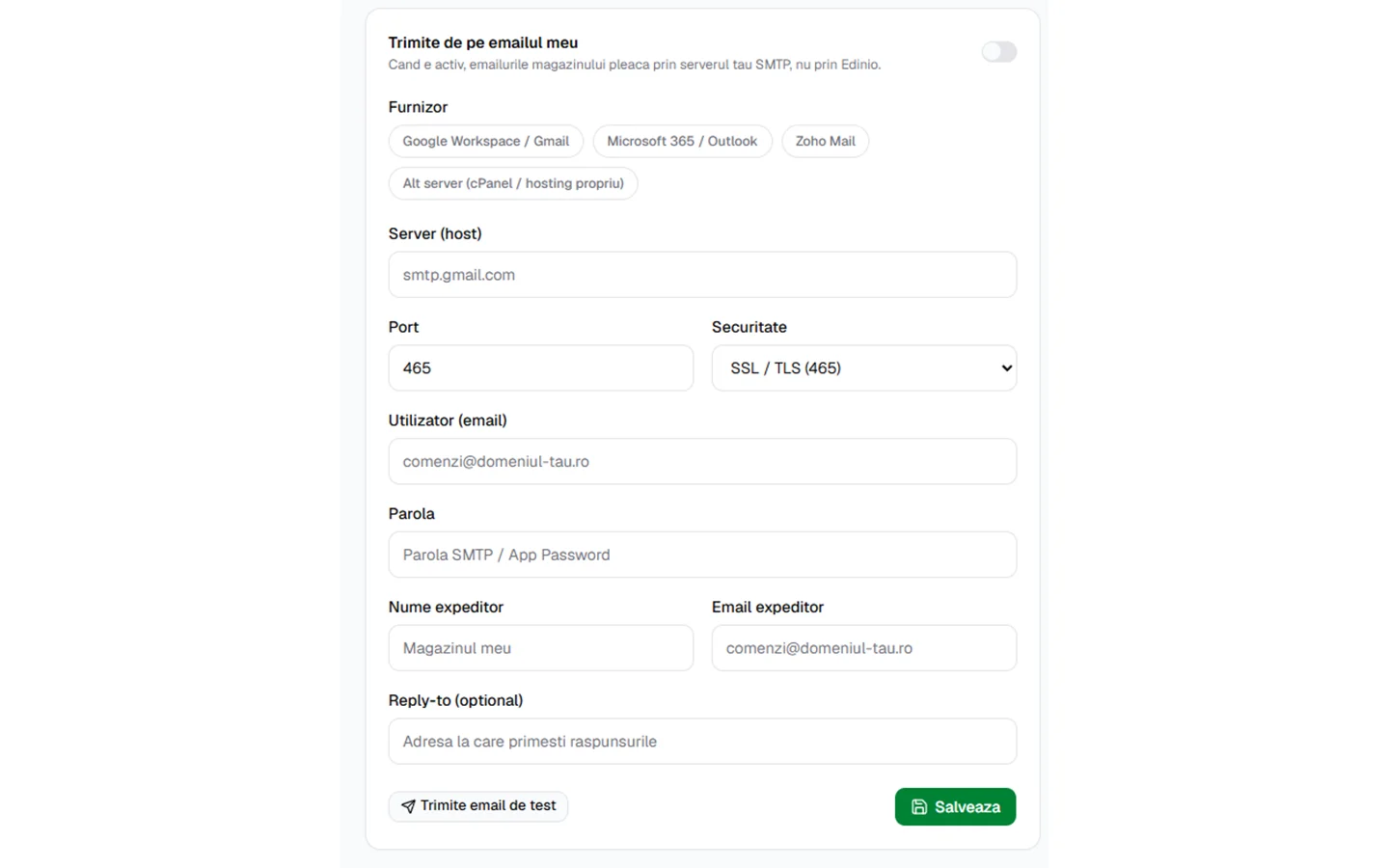 Butoanele de furnizor din secțiunea Email, cu câmpurile de server și port completate automat.