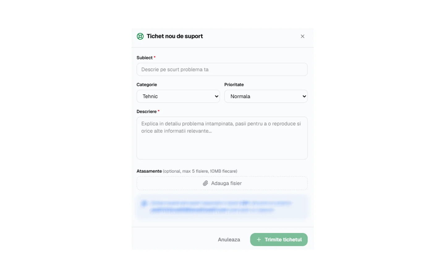 Fereastra „Tichet nou de suport” cu câmpurile Subiect, Categorie, Prioritate, Descriere și Atașamente.